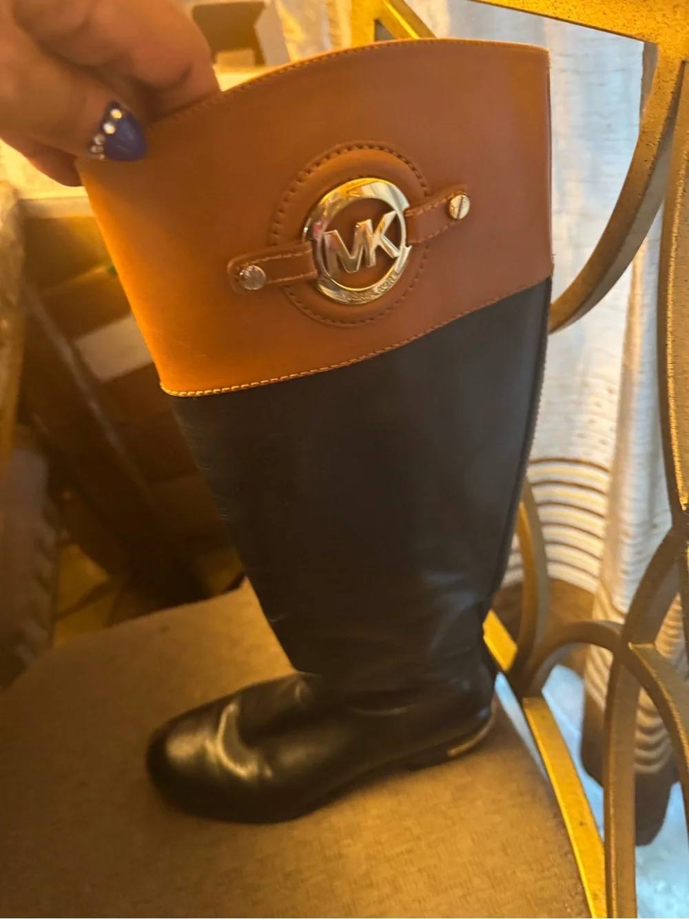 Micheal Kors Black and Tan Leather Fold-Over Boots-size 7